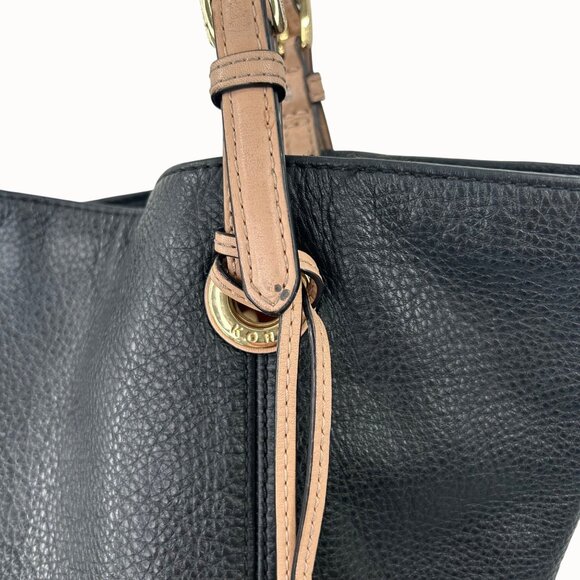 MICHAEL MICHAEL KORS JET SET PEBBLED BLACK TAN LEATHER TOTE BAG PURSE W/ CHARM - Picture 10 of 15